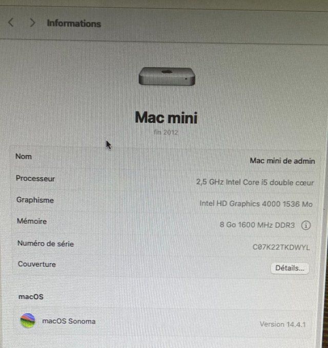 APPLE Mac mini I5 8Go 256 SSD HDMI wifi Bluetooth sous MacOs Monterey souris /claviers sans fil neuf