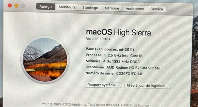 Apple iMac, mi 2011, 21,5 pouces 500Go 4 Go complet clavier/souris APPLE