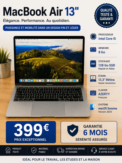 MacBook Air 13" i5 8 Go 128 Go SSD - Rétina AZERTY - Français - MacOs Sonoma 2025