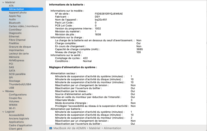 MacBook Air 13" i5 8 Go 128 Go SSD - Rétina AZERTY - Français - MacOs Sonoma 2025