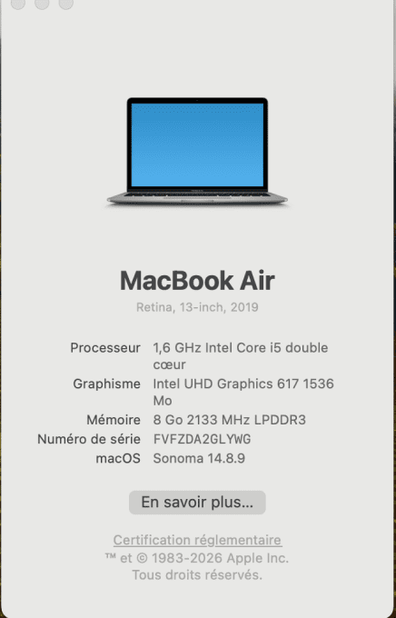 MacBook Air 13" i5 8 Go 128 Go SSD - Rétina AZERTY - Français - MacOs Sonoma 2025