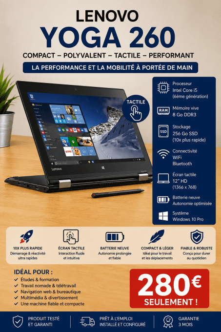 Lenovo Yoga 260 12" I5 256 SSD 8Go Wifi Bluetooth (10x plus rapide) TACTILE - Batterie neuve -