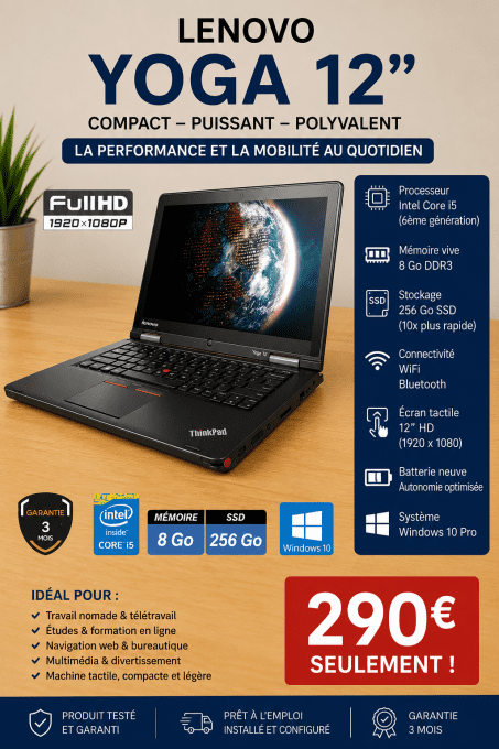 Lenovo Yoga 260 12" I5 256 SSD 8Go Wifi Bluetooth (10x plus rapide) TACTILE - Batterie neuve - - Cop