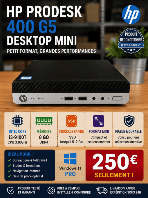 HP ProDesk 400 G5 Desktop Mini Intel Core i3-9100T CPU 3.10GHz - 8 GO - 