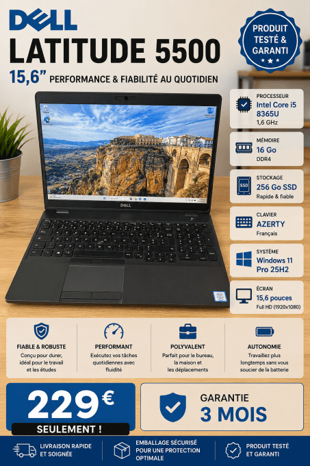 Dell Latitude 5500 15,6" – Intel Core i5-8365U – 16 Go RAM – SSD 256 Go – Windows 11 Pro 25H2