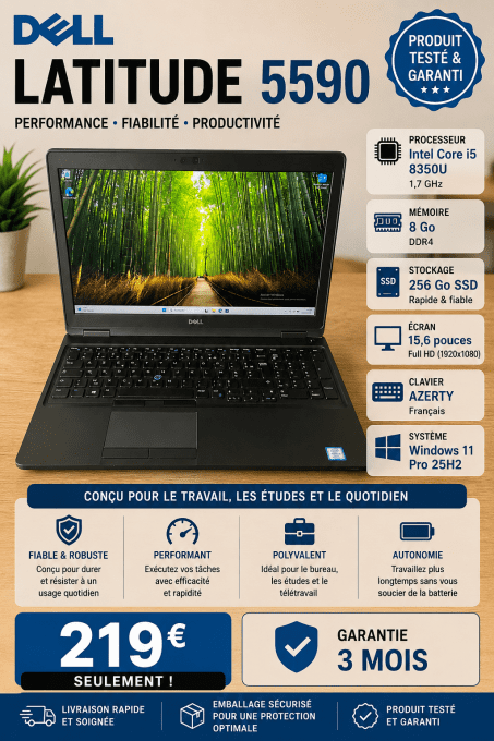 Dell Latitude 5590 15,6" – Intel Core i5-8350U – 8 Go RAM – SSD 256 Go – Windows 11 Pro 25H2