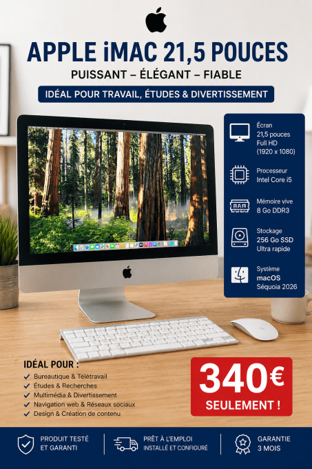 Apple iMac 21,5 pouces 256Go SSD  8 Go  MACOS Séquoia 2026