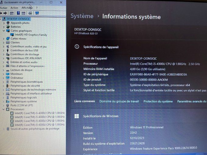 HP Élitebook 820G1 core i5 1,90GHz 180Go SSD 8Go  AZERTY - windows 11 et Office 2021 pro