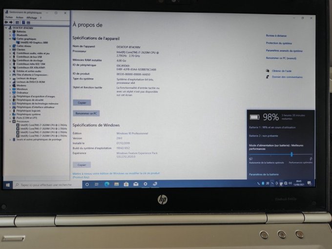 HP Elitebook 8460P i7/ 4Go/ 320Go/ webcam/ wifi/ écran 14"/ Bluetooth  