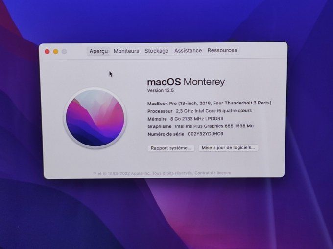 MacBook Pro 13" i5 512 SSD 8GO (2019) - AZERTY - Français complet