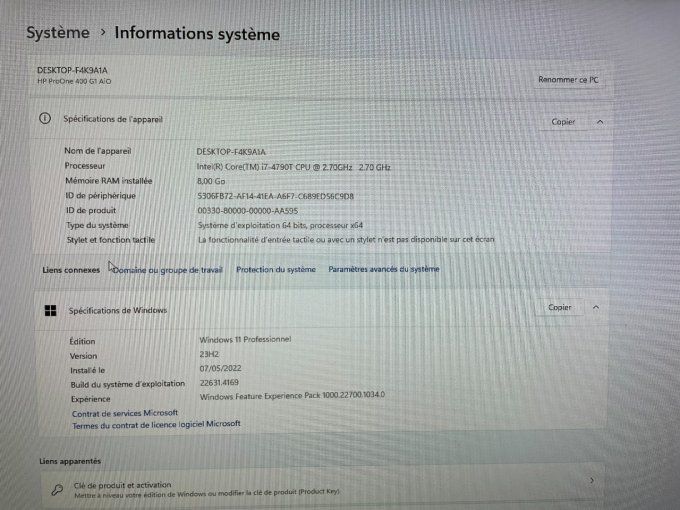 HP ALL IN ONE ProOne 400 G1  21"  CORE I7 256 Go SSD WIFI WEBCAM Win 11 pro -