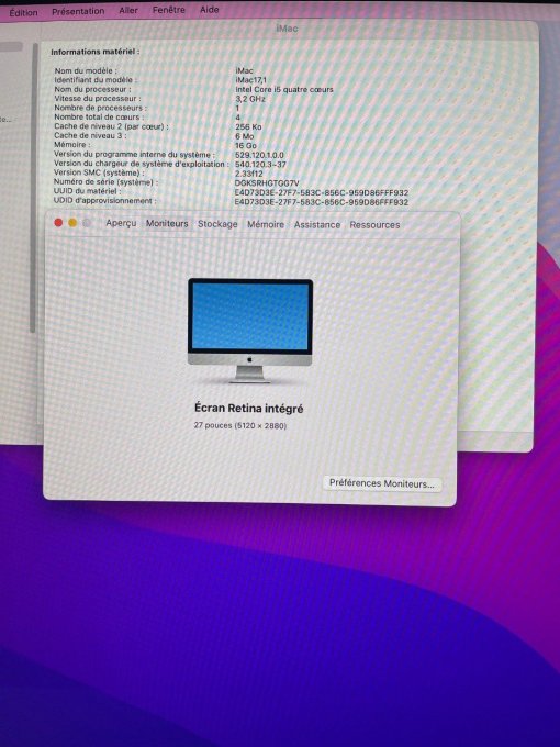 Apple iMac 27 pouces 256 Go SSD 8 Go  MACOS Ventura 2025 -