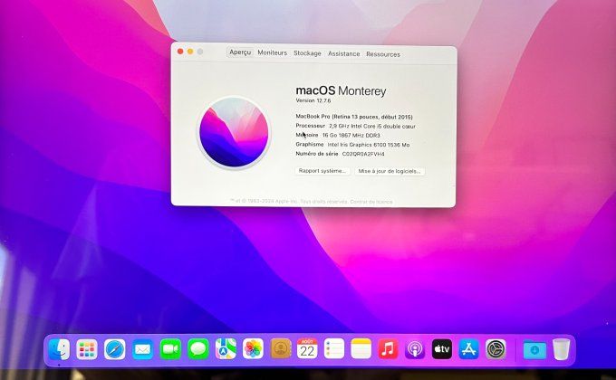 MacBook Pro 13" rétina (2015) i5 128 SSD 16GO  - AZERTY - Français  - couleur Argent
