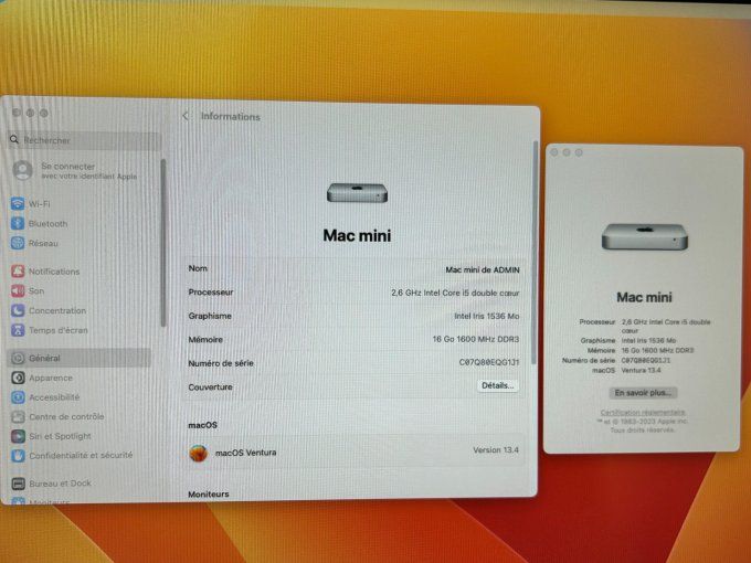 APPLE Mac mini I5 16Go 256SSD HDMI wifi Bluetooth sous MacOs Ventura 2025  