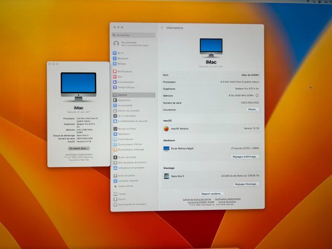 Apple iMac i5 27 pouces 256 Go SSD 8 Go  MACOS Ventura 2025 -