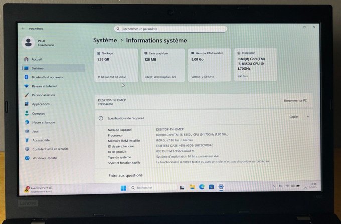 Lenovo Thinkpad L580 15,6" i5  8Go  256Go SSD AZERTY - Français -Windows 11 pro - 