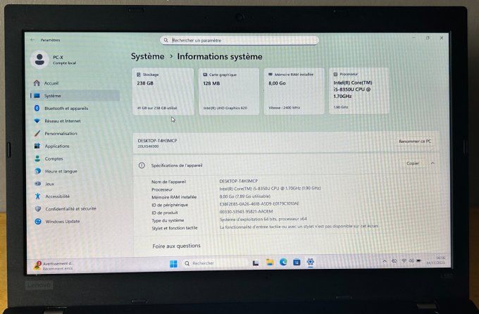 Lenovo Thinkpad L580 15,6" i5  8Go  256Go SSD AZERTY - Français -Windows 11 pro - 