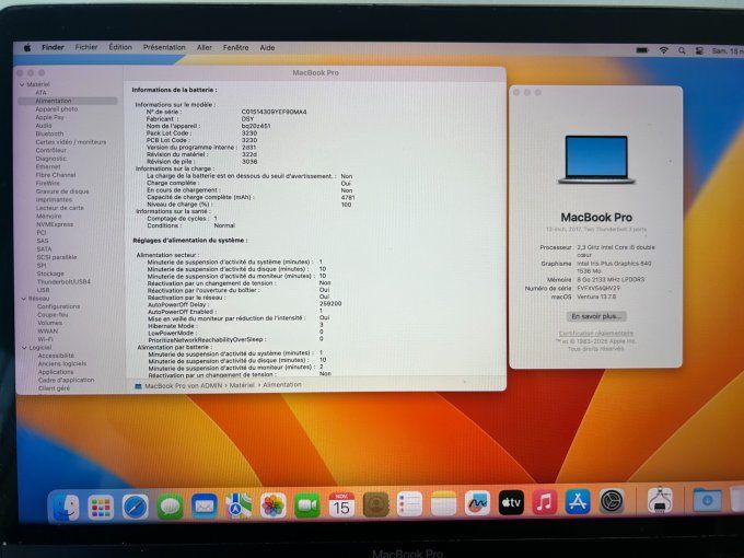 MacBook PRO 13" i5 8 Go 256 Go SSD - Rétina AZERTY - Français - MacOs  -Ventura 2025 -