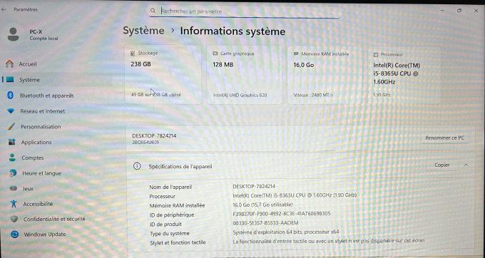 LENOVO THINKPAD L490 / i5 / 16Go / 256Go SSD / wifi / webcam / écran 14“  Windows 11 pro -  