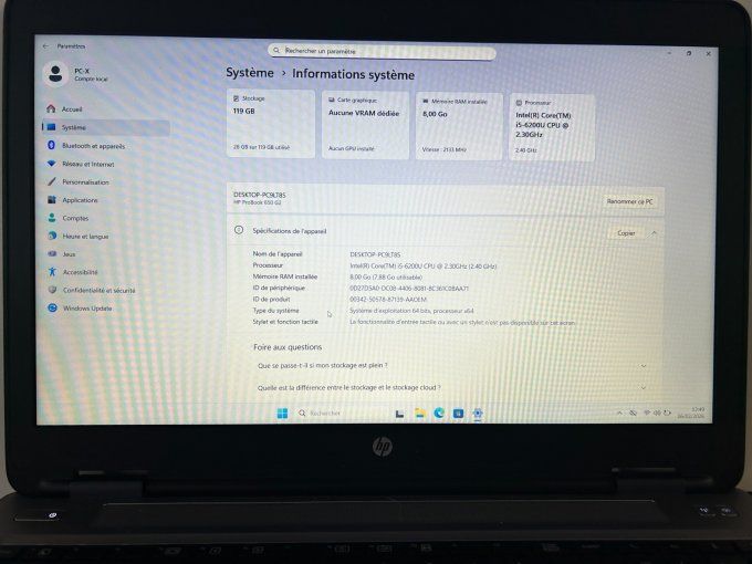 HP ProBook 650 G2 Core i5-6200U CPU  2.30GHz - 8Go - 128SSD - AZERTY Français 