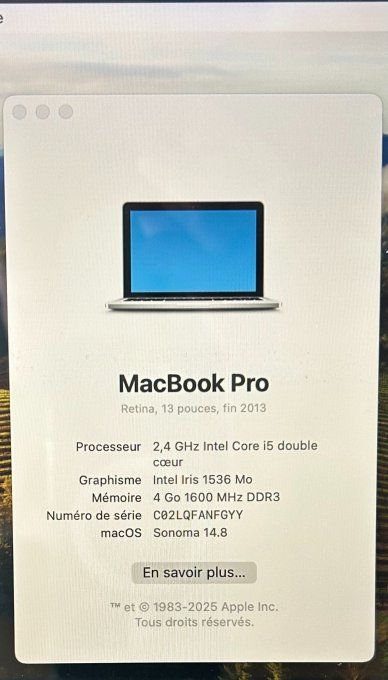 MacBook Pro 13" rétina i5 128 SSD 4GO  - AZERTY - Français  -MacOs Séquoia 2025