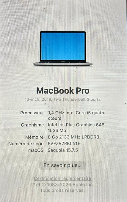 MacBook Pro 13" i5 256 SSD 8GO (2019) - AZERTY - Français - TouchBar
