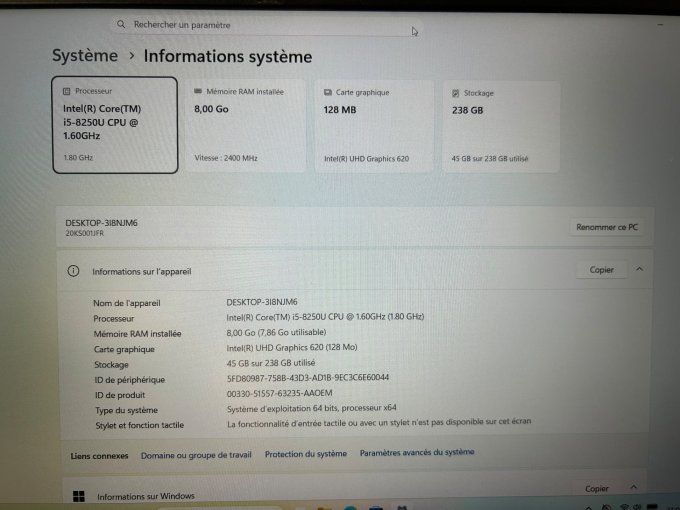 Lenovo Thinkpad E580 15,6" i5  8Go  256Go SSD AZERTY - Français -Windows 11 pro - 