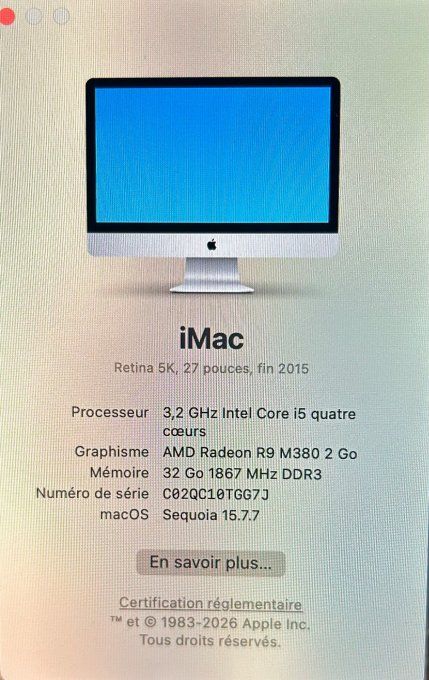 Apple iMac i5 27 pouces 256 Go SSD 32 Go  MACOS Séquoia 2026 -