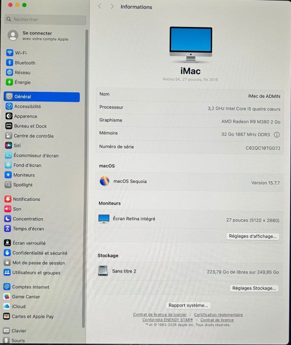 Apple iMac i5 27 pouces 256 Go SSD 32 Go  MACOS Séquoia 2026 -