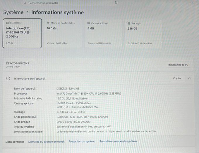 Lenovo ThinkPad P52 – Intel Core i7-8850H – 16 Go RAM – SSD NVMe 256 Go – Windows 11 Pro 25H2