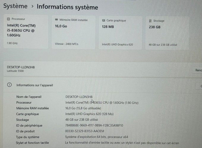 Dell Latitude 5500 15,6" – Intel Core i5-8365U – 16 Go RAM – SSD 256 Go – Windows 11 Pro 25H2 - Copi