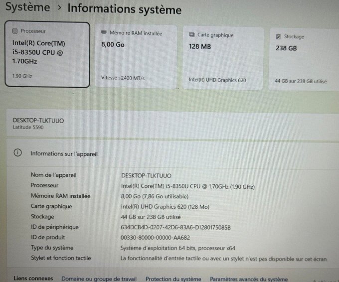 Dell Latitude 5590 15,6" – Intel Core i5-8350U – 8 Go RAM – SSD 256 Go – Windows 11 Pro 25H2 - Copie