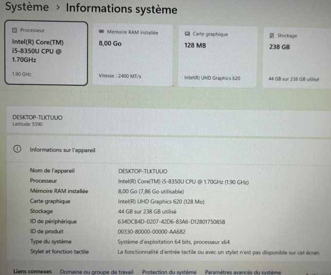 Dell Latitude 5590 15,6" – Intel Core i5-8350U – 8 Go RAM – SSD 256 Go – Windows 11 Pro 25H2