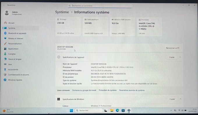 Lenovo Thinkpad T580 15,6" i5  16Go  256Go SSD AZERTY - Français -Windows 11 pro -