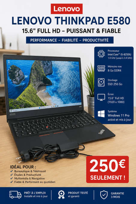 PC Portable Lenovo Thinkpad E580 – 15,6" – Fiable, Professionnel et Performant