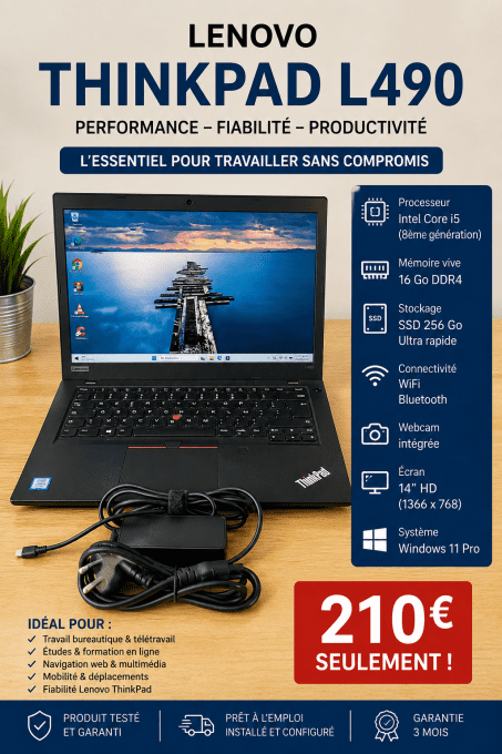 LENOVO THINKPAD L490 / i5 / 16Go / 256Go SSD / wifi / webcam / écran 14“ Windows 11 pro 