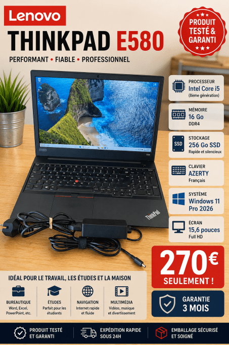 Lenovo Thinkpad E580 15,6" i5 16Go 256Go SSD AZERTY - Français -Windows 11 pro -