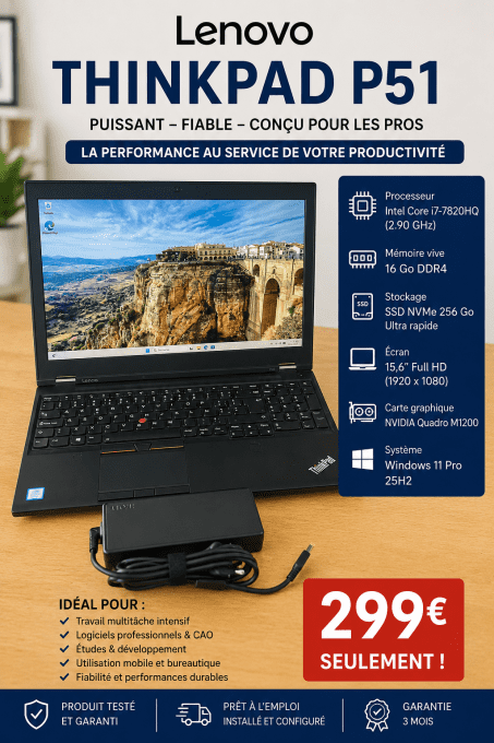 Lenovo ThinkPad P51 – Intel Core i7-7820HQ – 16 Go RAM – SSD NVMe 256 Go – Windows 11 Pro 25H2