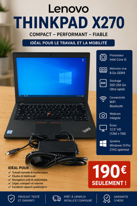LENOVO THINKPAD 12,5" X270 i5 8Go 256Go SSD  écran 12.5“  Windows 10 pro  