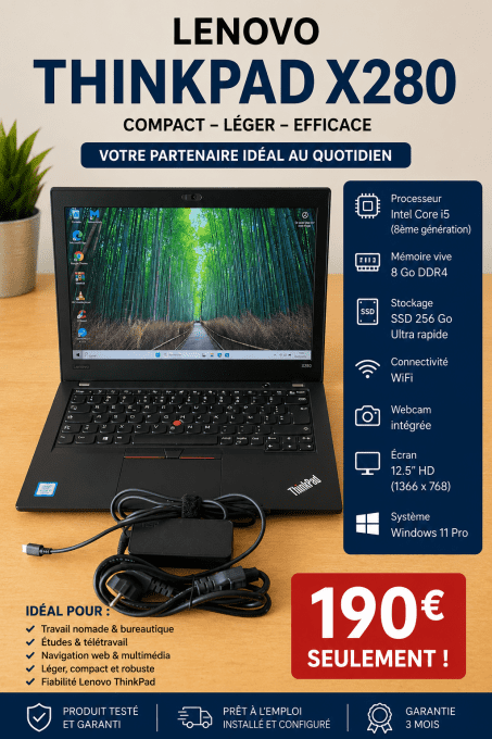 LENOVO THINKPAD x280 i5 8Go 256Go SSD wifi webcam écran 12.5“ Windows 11 pro -