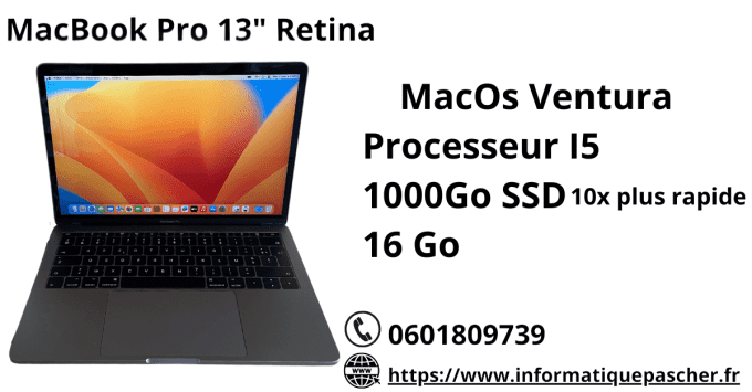 MacBook Pro 13" Retina (2017) - Core i5 2.3 GHz 1000Go SSD nVme - 16Go AZERTY - Français - 