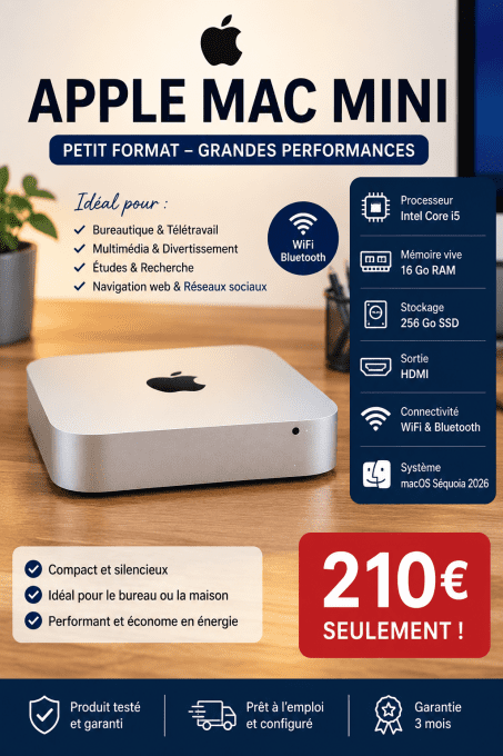 APPLE Mac mini I5 16Go 256SSD HDMI wifi Bluetooth sous MacOs Séquoia 2026