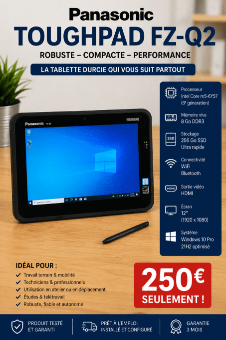 Panasonic Toughpad FZ-Q2 12" m5-6Y57 8 Go 256Go SSD Wifi Bluetooth HDMI Windows 10 pro