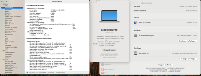 MacBook PRO 15" 2018 i7 16Go 512Go SSD - Rétina AZERTY - Français - MacOs Sequoia 2026