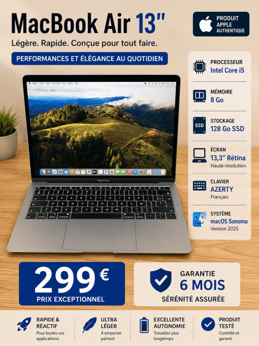 MacBook Air 13" i5 8 Go 128 Go SSD - Rétina AZERTY - Français - MacOs Sonoma 2025